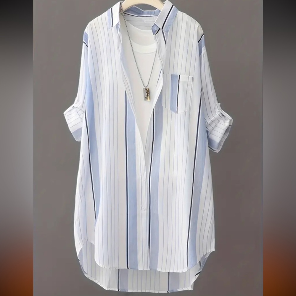 Blue White Striped Button Down Tunic Blouse L XL